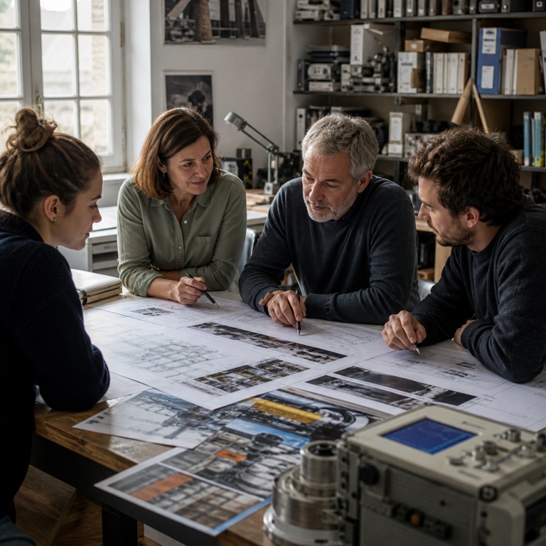 Équipe éditoriale réunie autour de documents techniques